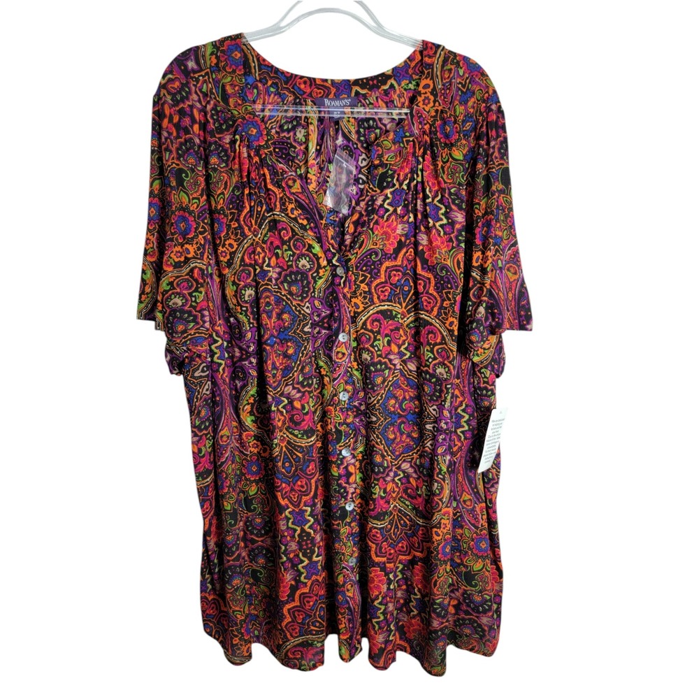 Roaman's Women 30W Tunic Top Multicolor Paisley Short Sleeve Button Up New